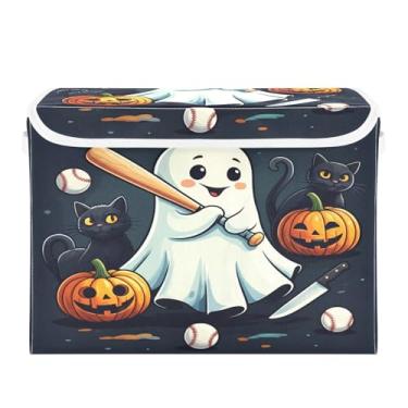 Imagem de Wassud Cestos de armazenamento dobráveis de Halloween com tampas, tacos de beisebol fantasma, cestas organizadoras de tecido dobráveis para armário, casa e decoração sazonal 41,5 x 32,5 x 39 cm