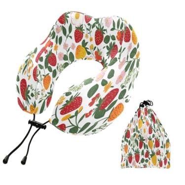 Imagem de CEBUGI Travesseiros de viagem portáteis em forma de U, travesseiro de pescoço de espuma viscoelástica com trava de corda ajustável para avião, viagem, trem, negócios, escritório, soneca (morango)