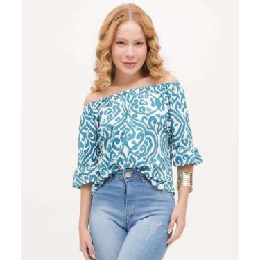 Imagem de Blusa Feminina Ciganinha Estampada Manga 3/4 Marisa-16025, Azul, G