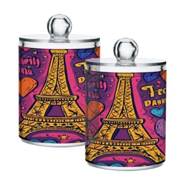 Imagem de STAYTOP 2 frascos de boticário para banheiro com etiquetas da Torre de Paris de desenho animado – Recipiente de armazenamento de plástico transparente para bola de algodão, cotonete, grão de café