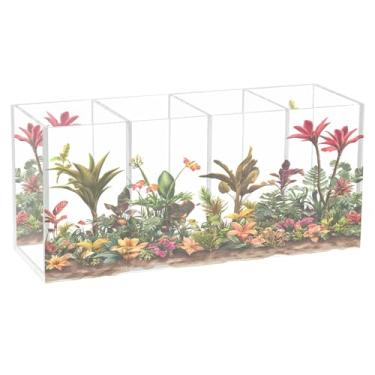 Imagem de Burbuja Porta-canetas de acrílico com flores tropicais, 4 compartimentos, suporte de lápis transparente para pincéis de maquiagem fixos, acessórios de mesa de escritório em casa