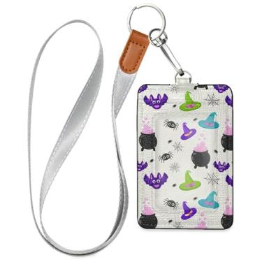 Imagem de Burbuja Porta-crachá de couro com cordão, etiqueta de identificação de chapéus de bruxa morcegos com 1 janela transparente para identidade e 2 compartimentos para cartão para escritório, enfermeira