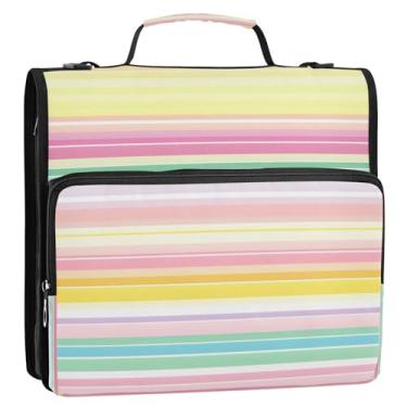 Imagem de CEBUGI Fichário de 3 anéis com zíper com alça de ombro, pasta de arquivo expansível de 3,8 cm, anéis D, para escola, escritório, listra colorida