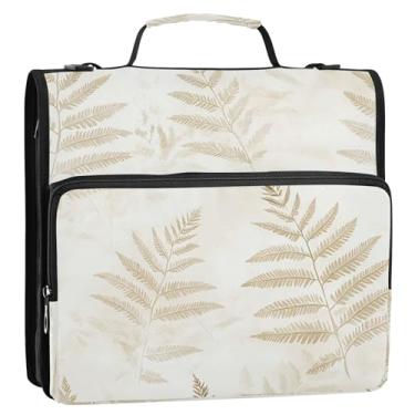 Imagem de Coikll Pasta expansível para fichário com zíper e folhas de samambaia bege, organizador de fichário com alça de ombro e alça para facilitar o transporte