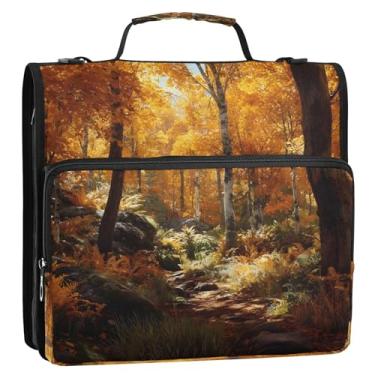 Imagem de CEBUGI Fichário de 3 anéis com zíper com alça de ombro, pasta de arquivo expansível de 3,8 cm, anéis D, para escola, escritório, outono, floresta