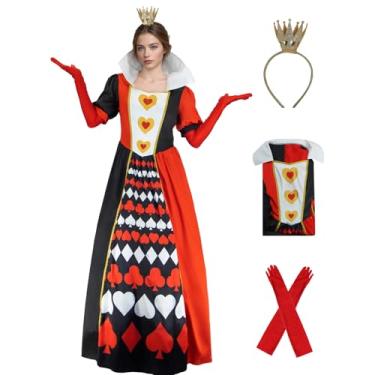 Imagem de Tvnxdgl Fantasia de rainha feminina país das maravilhas vermelho vestido cosplay coração estampado vestido coroa luvas conjunto adulto roupas roupas de Halloween GG