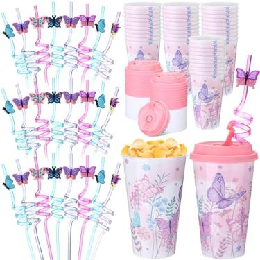 Imagem de Yungyan 16 conjuntos de copos de lembrancinhas de festa de borboleta com tampas e canudos para decorações de aniversário, reutilizáveis, copos de plástico para doces de 473 ml, canudos de plástico