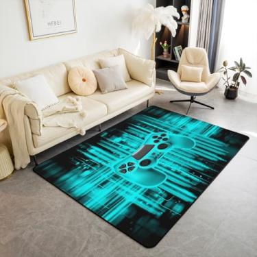 Imagem de Erosebridal Tapete turquesa para console de jogos, 1,52 m x 1,28 m, para meninos, meninas, crianças, geométrico, listrado, gamer, tapete lavável para meninos, preto azul-petróleo