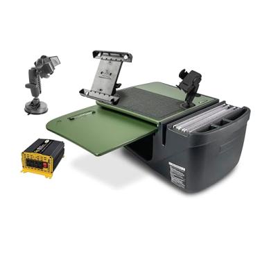 Imagem de AutoExec Mesa de carro GripMaster para sua estação de trabalho de veículo e escritório móvel, verde exército, com inversor de potência de 400 watts, suporte para telefone, suporte para tablet e