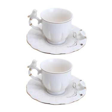 Imagem de Jogo 2 Xícara De Café Porcelana Birds Branca Fio Dourado Pássaro Com Pires 100ml Wolff