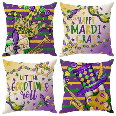 Imagem de ZAEW Máscaras Gnomos Chapéus Miçangas Flor de Lis Mardi Gras Conjunto de 4 Fronhas de Carnaval Decorações para Casa de Fazenda Sofá Sofá Capa de Almofada Festa Decoração de Férias 40,6 x 40,6 cm