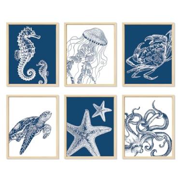 Imagem de Whaline 6 peças de arte de parede sob o mar pôsteres de papel oceano azul pintura de animais imagens para decoração de festa de verão, casa, escritório, sala de aula, galeria, 28 x 35,5 cm, sem