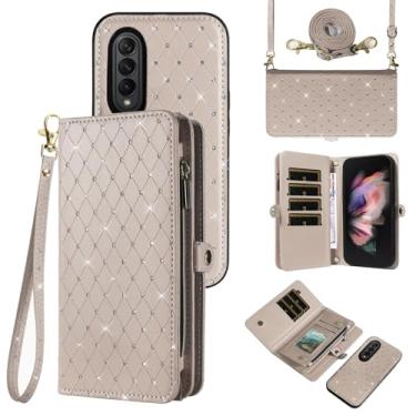 Imagem de Asuwish Capa de celular para Samsung Galaxy Z Fold 3 5G 2021 com zíper carteira destacável com alça transversal alça flip glitter slot para cartão ZFold3 Z3 Fold3 3Z ZFold35G mulheres homens meninas