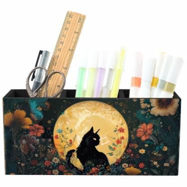 Imagem de CRASPIRE Porta-lápis preto para gatos de madeira, retangular, luz do luar, flor, planta, animal, estojo organizador natural, para caneta, lápis, régua, pincel de maquiagem, sala de aula, mesa