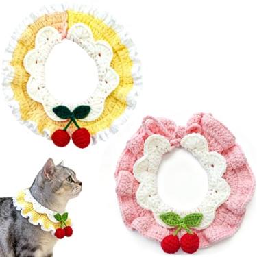 Imagem de Zhouocea 2 coleiras florais tricotadas para gatos com babadores de cereja (P, pescoço 25 cm) – Coleiras de gravata borboleta estética separável para gatos, gatinhos e cães pequenos