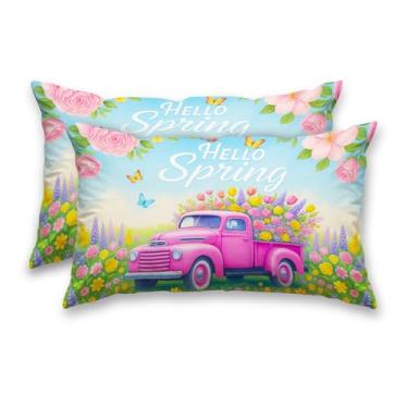 Imagem de HOMETITUTE Capas decorativas Hello Spring, pacote com 2 fronhas de cetim 30,5 x 50,8 cm, rosa, arte floral, para sofá, sala de estar, casa de fazenda, decorações de férias