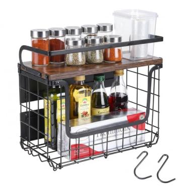 Imagem de Mowhut Prateleira magnética para geladeira, suporte magnético para temperos com tampa de madeira e 2 ganchos, caixa de armazenamento de batata e cebola, organizadores e armazenamento de geladeira