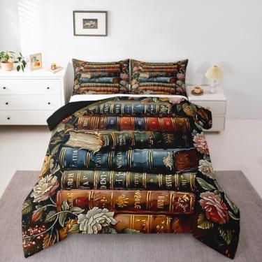 Imagem de Homewish Conjunto de edredom de livros vintage, tamanho king, 3 peças, aquarela, retrô, flores botânicas, para crianças, adolescentes e adultos, decoração de livros coloridos, edredom exótico, com 2