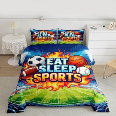 Imagem de Feelyou Conjunto de edredom esportivo, solteiro, para crianças, meninos, meninas, beisebol, basquete, decoração de quarto, jogo de bola, microfibra, 2 peças com 1 fronha