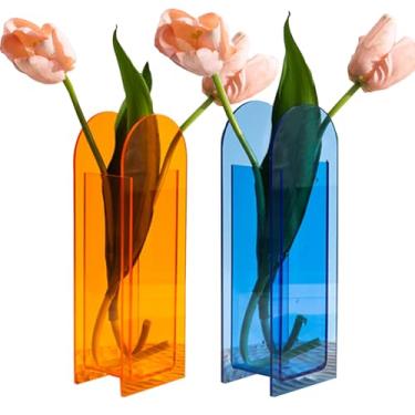 Imagem de Vaso de acrílico de cristal, 2 peças, vaso de flores com design moderno, vaso de acrílico para centro de mesa de casamento, elegante vaso floral para mesa de sala de estar, escritório (azul + laranja)