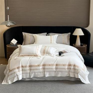 Imagem de Jogo de cama estilo hotel em algodão com bordado dourado, nas cores branco e cinza, incluindo capa de edredom, lençol de baixo, lençol de baixo e fronhas. Tamanho Queen (4 peças).