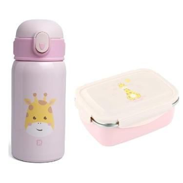 Imagem de Kit Garrafa Térmica 400ml Bento Box Rosa Girafa Pimpolho