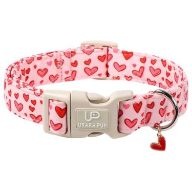 Imagem de Coleira de cachorro dos namorados, coração rosa UP URARA PUP em vermelho, coleira ajustável para animais de estimação com pingente de laço, acessórios de casamento para cães pequenos, médios e grandes