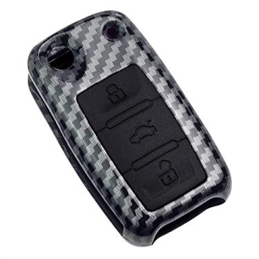 Imagem de SK CUSTOM Capa Smart Key Fob compatível com VW Beetle CC EOS Jetta Golf GTI Jetta Passat Phaeton R32 Rabbit TIGUAN Touareg Capa protetora padrão de fibra de carbono plástico preto silicone