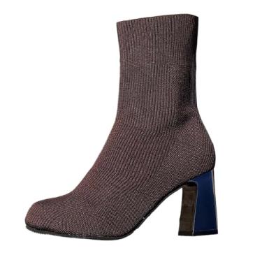 Imagem de Botas de inverno casuais modernas para mulheres com bico de malha elástica, salto grosso e design de salto médio, Café, 34