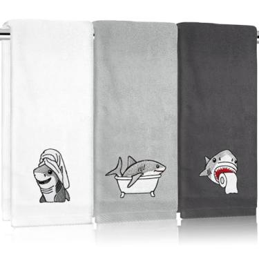 Imagem de FYSUIMU 3 peças de toalhas de mão de tubarão bordadas cinza oceano animal toalha de banho absorvente para secagem à mão, cozimento, 75 x 34 centímetros