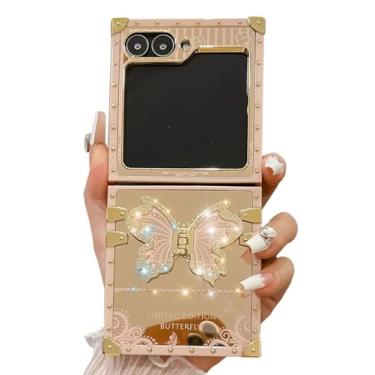 Imagem de Kwhapoo Capas de luxo compatíveis com Samsung Galaxy Z Flip 3/Z Flip 4 de 6,7 polegadas, linda capa com suporte de diamante de borboleta de renda brilhante, capas protetoras à prova de choque de