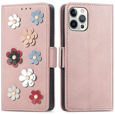 Imagem de EKSIL Capa carteira para iPhone 13 Mini para churrasqueiras femininas, capa de couro flip premium de flor 3D fofa com suporte de cartão capa protetora magnética à prova de choque (cor: rosa)