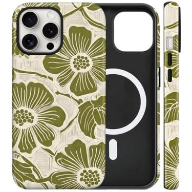 Imagem de flewfun Capa magnética para iPhone 16 Pro Max, linda capa de telefone com flores verdes florais, TPU fino à prova de choque e capa protetora de policarbonato rígido compatível com MagSafe projetada