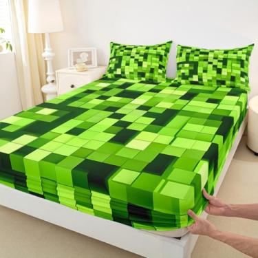 Imagem de Jogo de cama Pixelated Miners para meninos e meninas, decoração de quarto de videogame, moderno, geométrico, quadrado, solteiro, infantil, verde claro, 1 fronha (Sem plano)