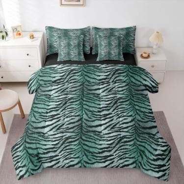 Imagem de Erosebridal Conjunto de edredom Queen com estampa de tigre (verde gradiente) para crianças, adolescentes e adultos | Conjunto de cama de 7 peças com estampa de animais selvagens, estampa de animais