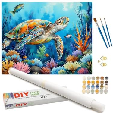 Imagem de Kit de pintura de tartaruga oceânica por números para adultos – Pintura DIY de tartaruga marinha e recife de coral em tela enrolada 40 x 50 cm, conjunto de tinta acrílica, adequado para iniciantes