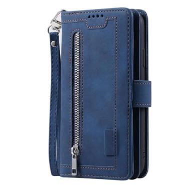 Imagem de Capa tipo carteira for Samsung Galaxy S25/S25 Plus/S25 Ultra, com correia para pulso capa integral à prova de choques capa protetora de telefone de couro com fecho de correr retro (Blue, 25)