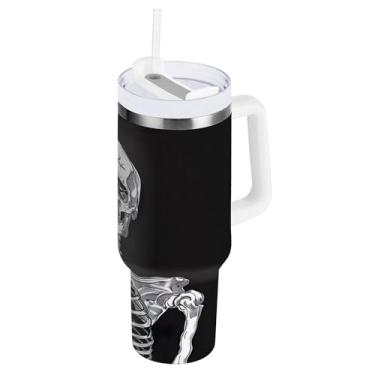 Imagem de SEHANY Copo Skull Gothic de 1,134 g com alça, copo isolado de aço inoxidável de parede dupla, à prova de vazamento, caneca de café isolada para viagem, cabe no suporte de copo de carro