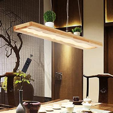 Imagem de Luminária pendente de madeira com LED dimerizável, ideal para mesa de jantar, com altura ajustável e design moderno em resina, perfeita para decorar cozinhas, escritórios, cafés, salas de ja