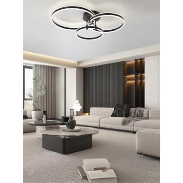 Imagem de Luminária de teto LED moderna com design de 3 anéis, preta, dimerizável e com controle remoto. Ideal para sala de estar, quarto, sala de jantar e escritório. Iluminação LED para ambientes in