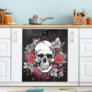 Imagem de xigua Capa magnética para lava-louças caveiras e rosas, adesivos magnéticos decorativos antiarranhões para painel de geladeira e lava-louças, decoração personalizada de cozinha doméstica 58 x 66 cm