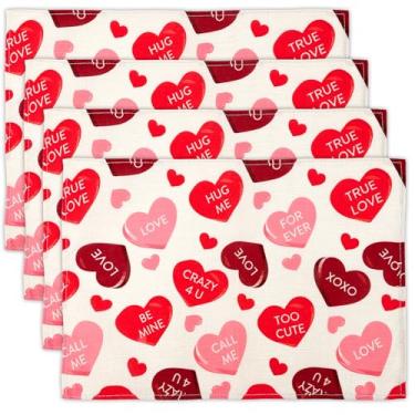 Imagem de Kzikbxh Jogo americano de coração vermelho para dia dos namorados, conjunto de tapetes de mesa com padrão de coração vermelho de 10 a 30 x 45 cm - Tapetes de jantar de aniagem para jantar romântico