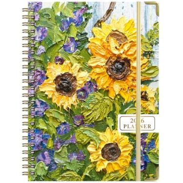 Imagem de Agenda semanal e mensal 2026, média 15 x 21 cm, capa dura com design floral, calendário de janeiro a dezembro, encadernado em espiral com abas mensais, papel 100 GSM (flor amarela)