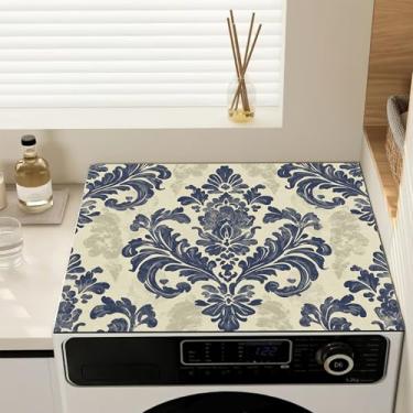 Imagem de Almofada de proteção contra poeira para máquina de lavar roupa floral azul vintage, capas antiderrapantes para lavadora e secadora para a parte superior, tapete protetor de secadora para cozinha de