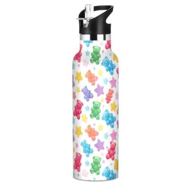 Imagem de IHCVHQX Garrafa de água infantil isolada para meninos e meninas, ursos de goma coloridos, estrelas, 590 ml, caneca de viagem de aço inoxidável, garrafas de água esportivas para academia, escola