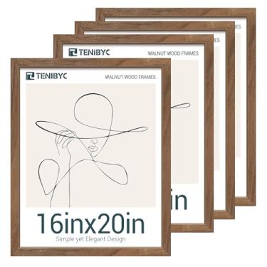 Imagem de TENIBYC Moldura de pôster marrom de nogueira 40,6 x 50,8 cm com vidro HD - pacote com 4, moldura de madeira natural, moldura de galeria de parede