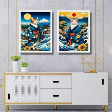 Imagem de Kit 2 Quadros Arte Japonesa - Gatos Kimono 24X18Cm - Vidro