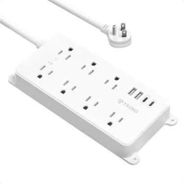 Imagem de Protetor de sobretensão de tira elétrica, listado ETL, Expansão de saídas amplamente espaçadas TROND 7 com 3 portas USB, plugue plano, 1700 Joules, cabo de extensão de 1,5 m, montável na parede, branco