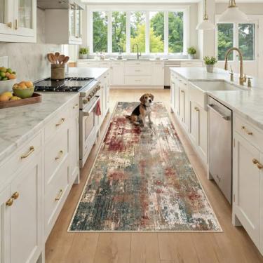 Imagem de RELEANY Tapetes laváveis 8 x 20 cm, modernos, abstratos, macios para sala de estar, entrada, quarto, berçário, estampado, marrom, ferrugem, vermelho, verde, azul, multi