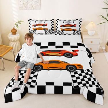 Imagem de jejeloiu Jogo de cama casal com desenho animado de carro de corrida preto e branco para crianças, vermelho, laranja, conjunto de edredom fofo, 3 peças